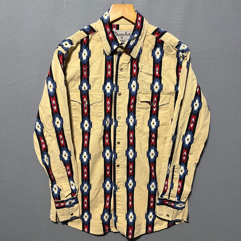 Wrangler Wrancher Mens Aztec Tribal Western Pearl Snap Shirt Tan Red Blue Med
